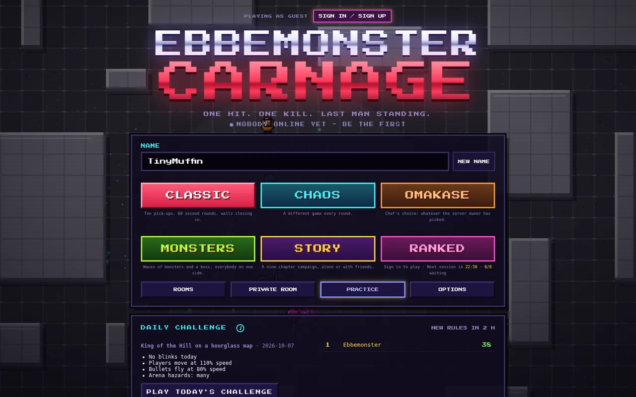 Ebbemonster Carnage start screen with game modes