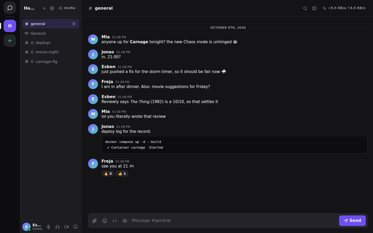 Chatly channel with a conversation, a code block and reactions