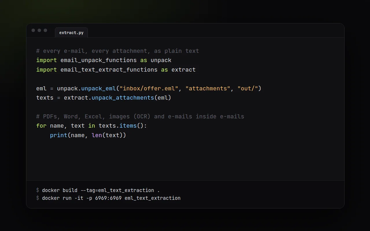 Python code extracting the text of e-mails and their attachments