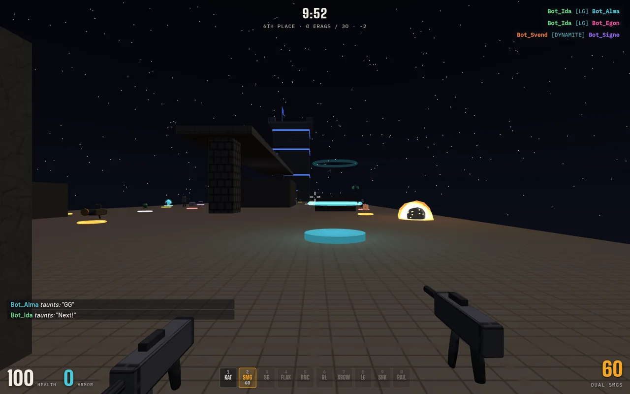 Fragly in-game view with dual SMGs on a night-time arena