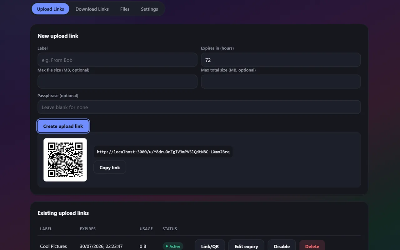 Movy dashboard creating an upload link with a QR code