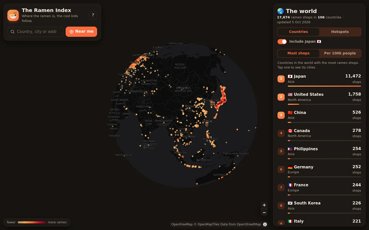 The Ramen Index globe with ramen shop density and country rankings