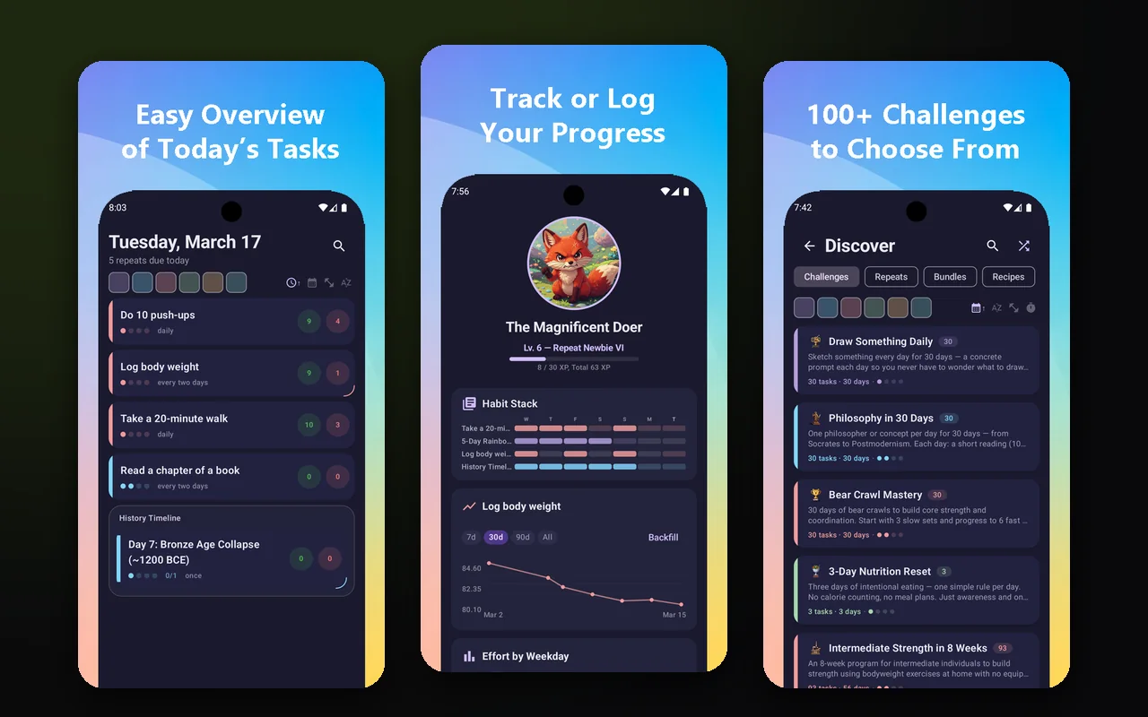 Repeatly on Android: today’s tasks, progress tracking and the challenge catalogue