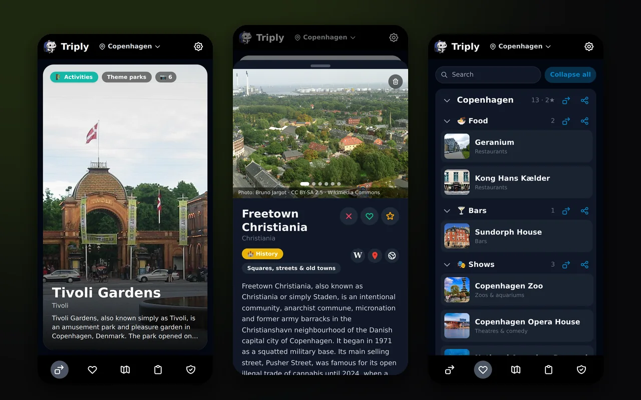 Triply on a phone: a swipe card for Tivoli Gardens, the details of Freetown Christiania, and favourites by category